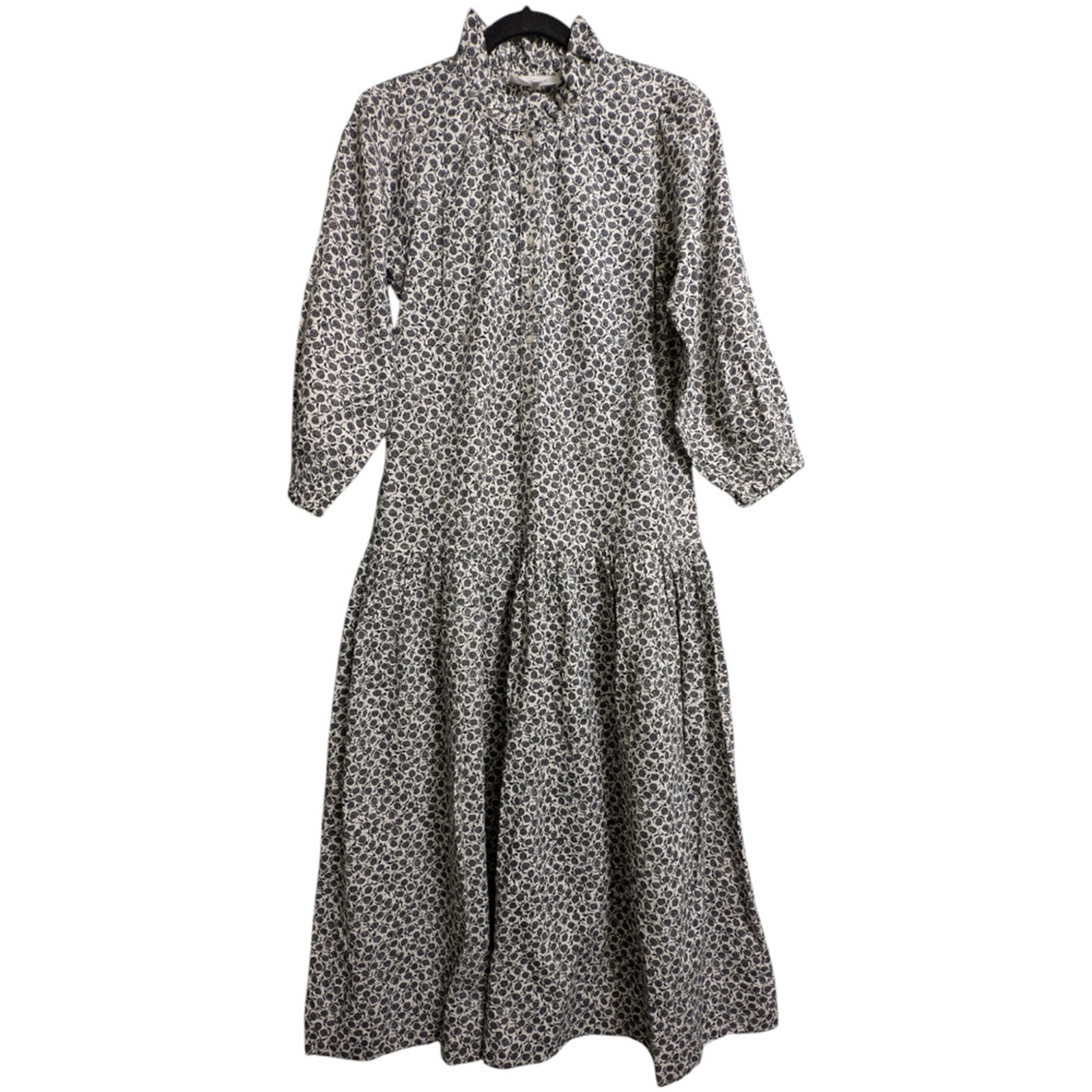 The Great Black Floral Long Sleeves Midi Dress Black Laurel Leaf Print Size 0